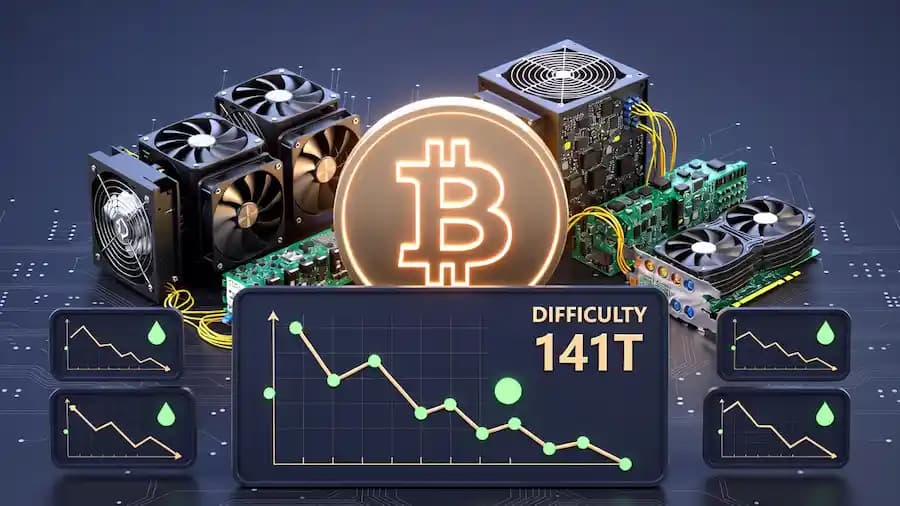 Bitcoin difficulty drop chart showing 141T level with solo mining hardware illustration