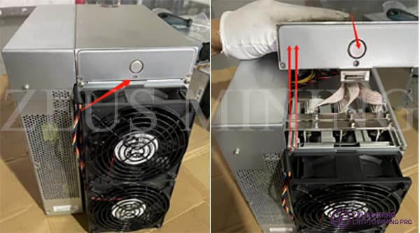 Technician loosening fasteners on miner control cover before hash board removal