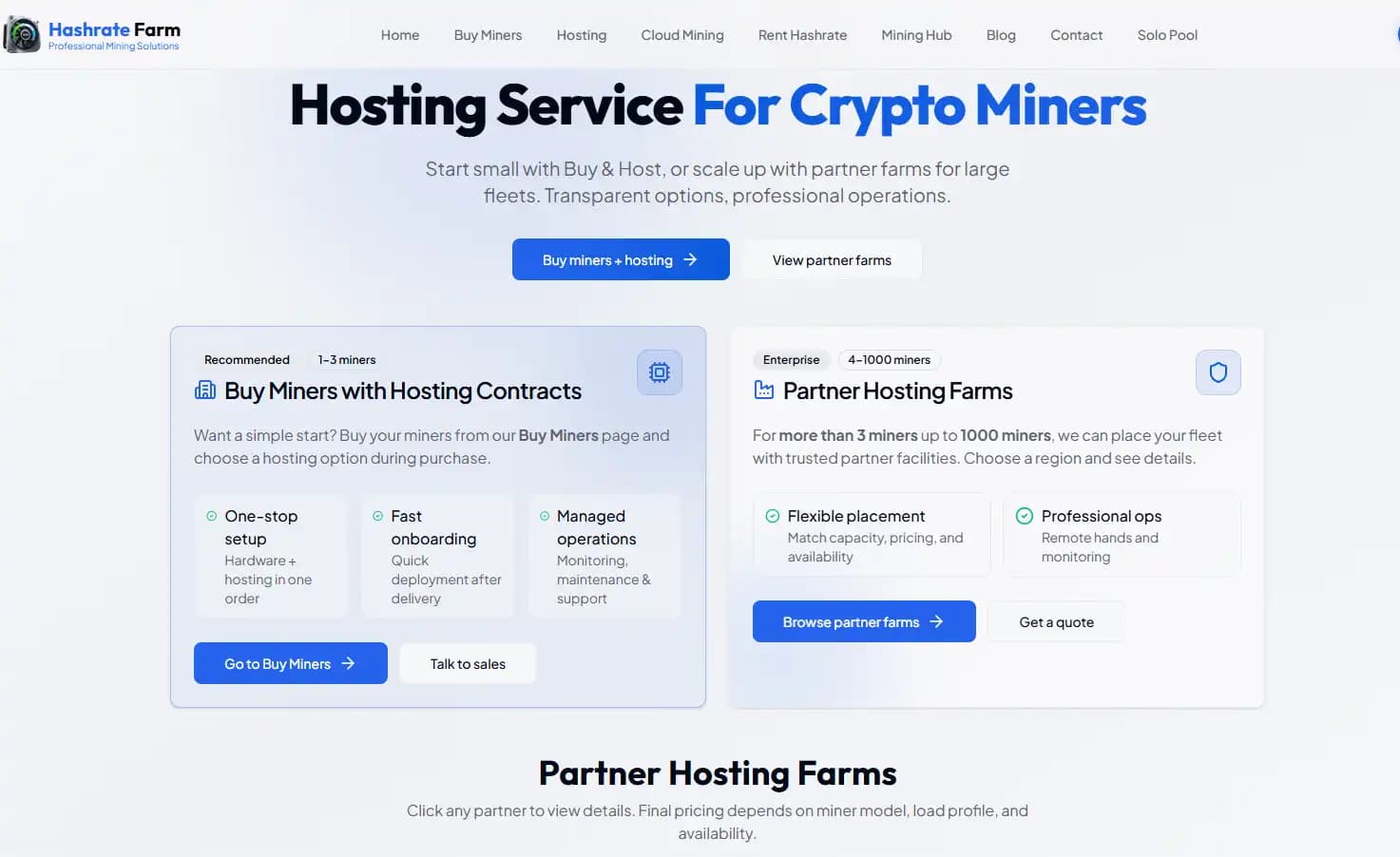 Hosted ASIC miners in a professional mining farm with managed power and maintenance