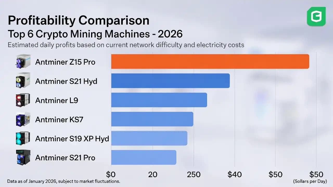 Best crypto mining machines 2026 — profitability comparison of the top 6 ASIC miners including Antminer Z15 Pro, S21 Hyd, L9, KS7, S19 XP Hyd, and S21 Pro
