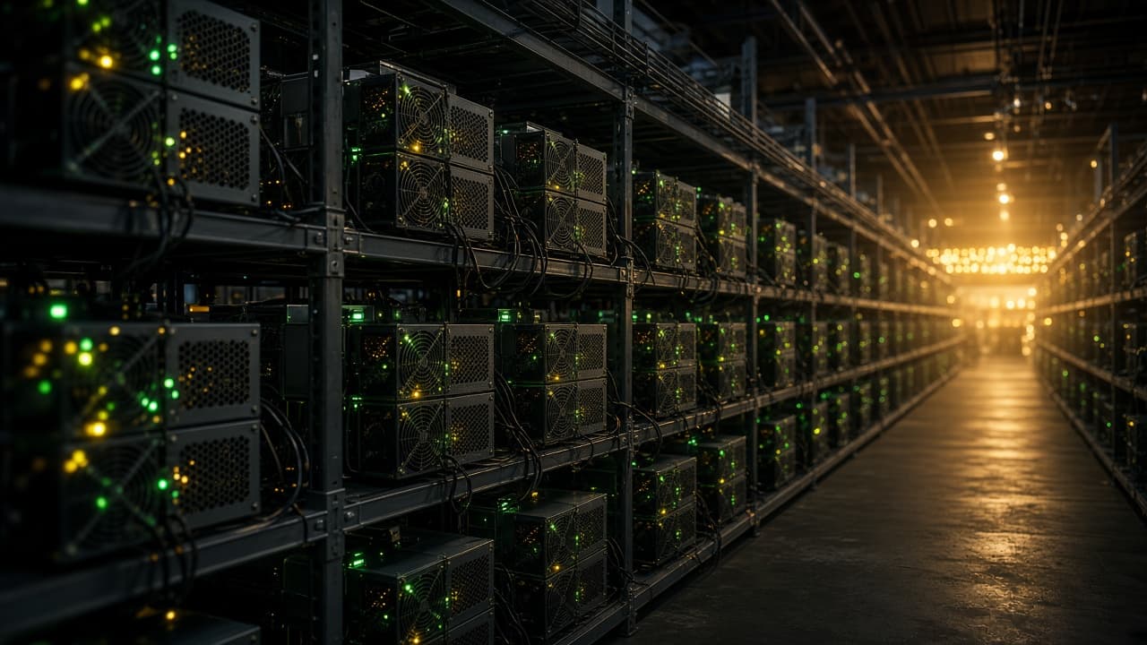 Long aisle of racked ASIC miners with green status lights inside the Hashrate Farm mining hall, lit by warm golden light at the far end