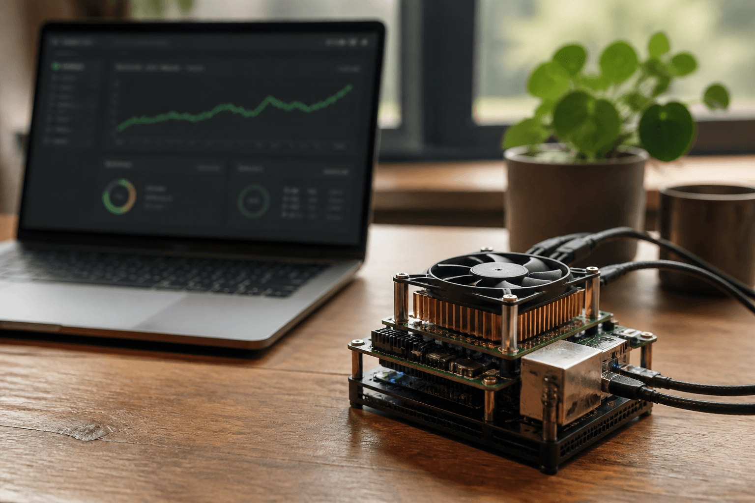 Compact open-source Bitcoin home miner on a desk beside a laptop mining dashboard
