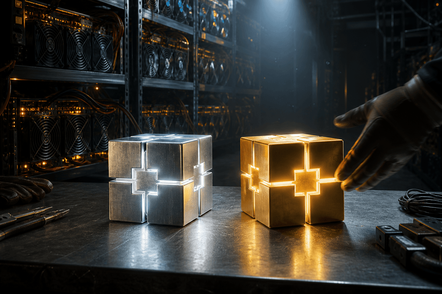 Silver and gold winning block cubes on a steel workbench in a Scrypt ASIC farm after a merged Litecoin and Dogecoin solo find