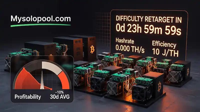 Dashboard illustration explaining Bitcoin mining difficulty adjustment for miners, with retarget countdown, hashrate