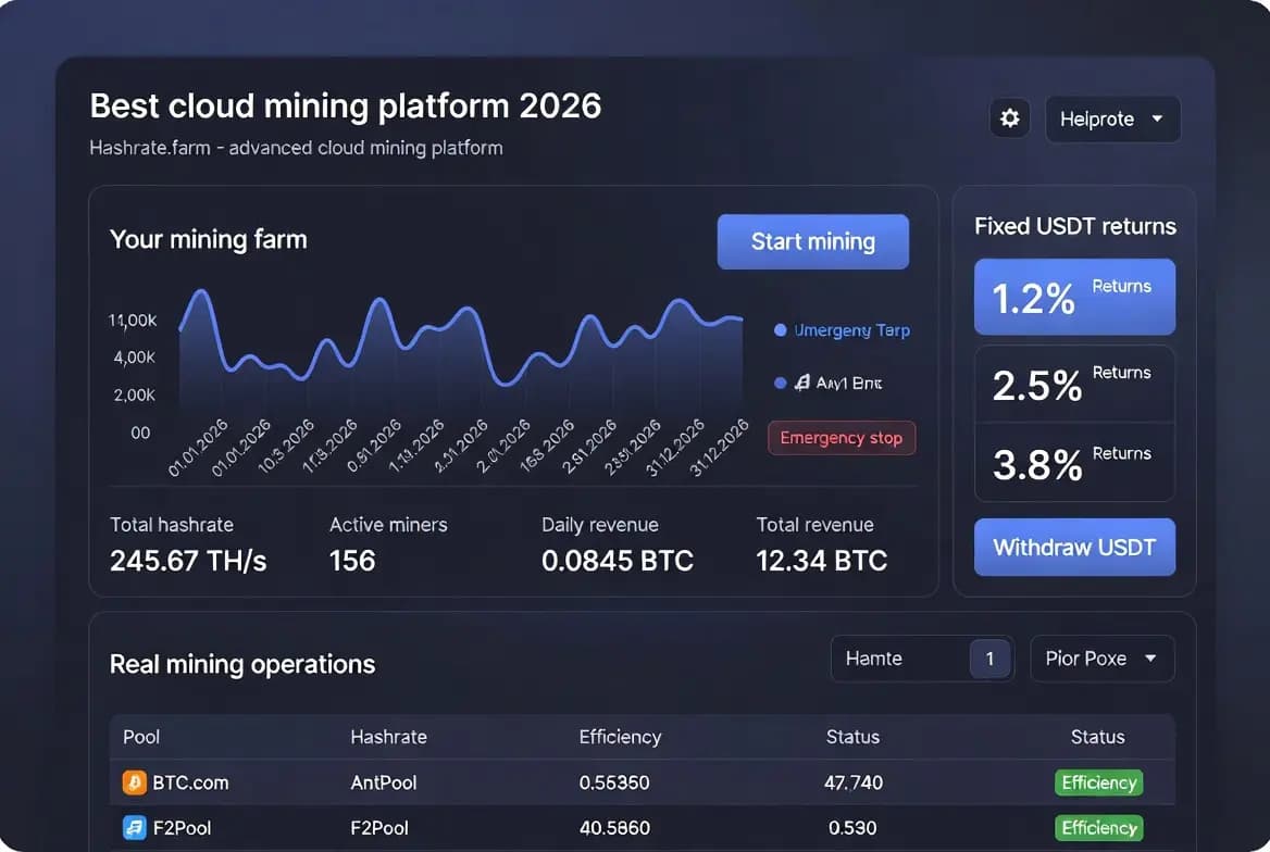Best cloud mining platform 2026 — Hashrate.farm advanced dashboard showing fixed USDT returns and real mining operations